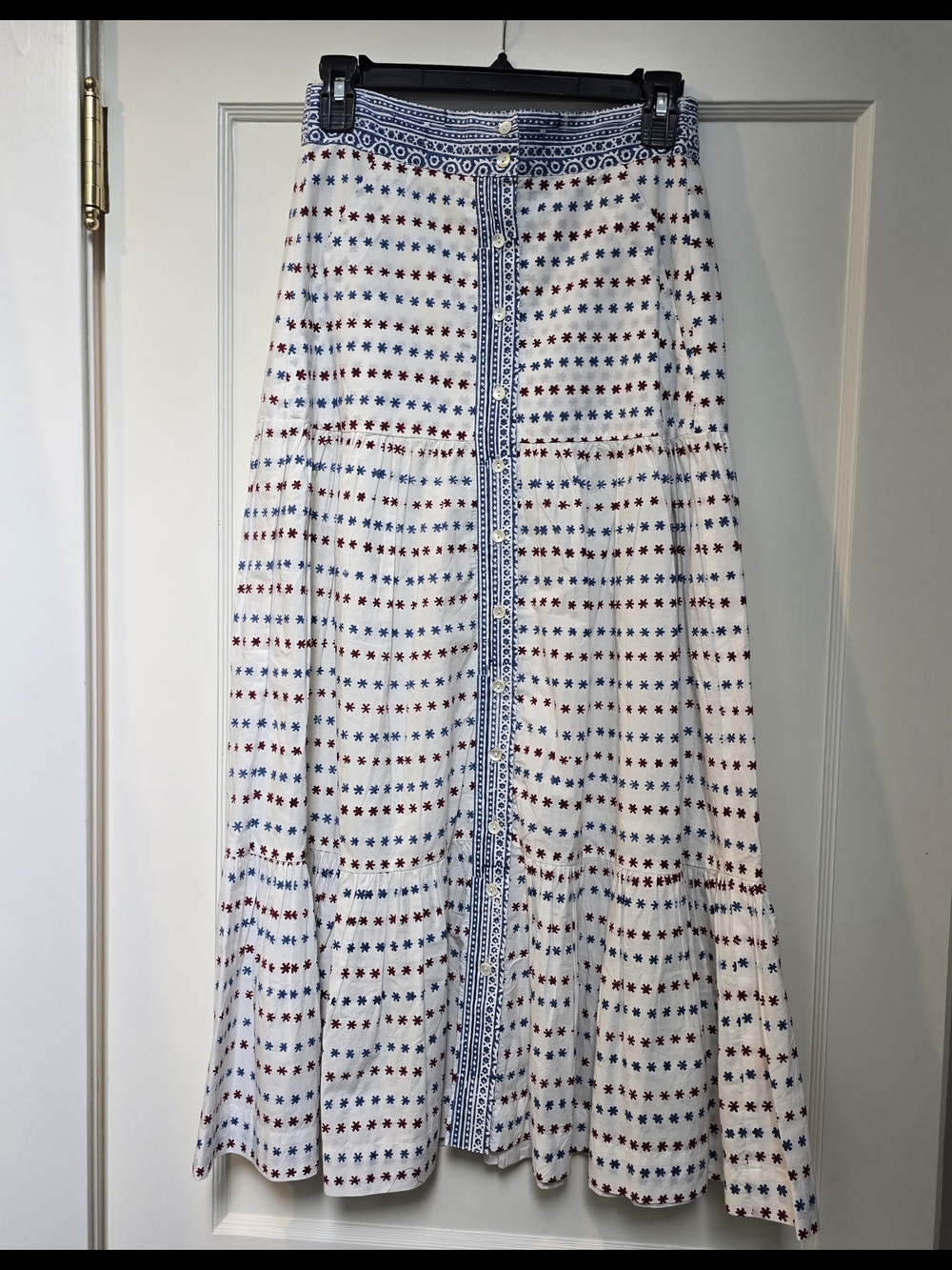 Oliphant Tiered White Maxi Skirt with Red & Blue Star Motif 100% Cotton